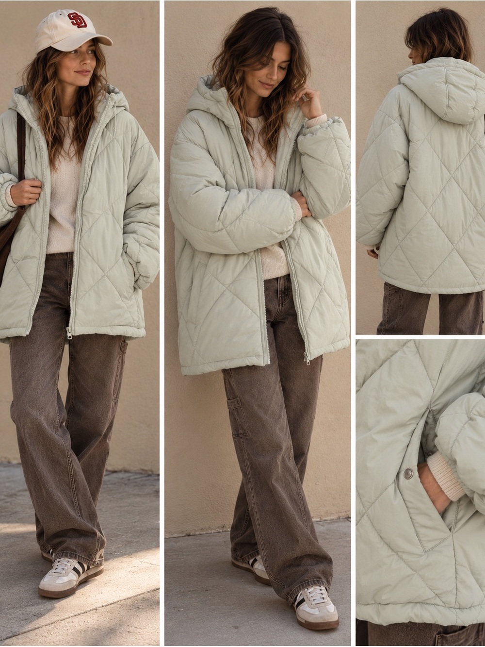 Cotton On Quilted Oversized Hooded Full Zip Puffer Jacket Green Size Large